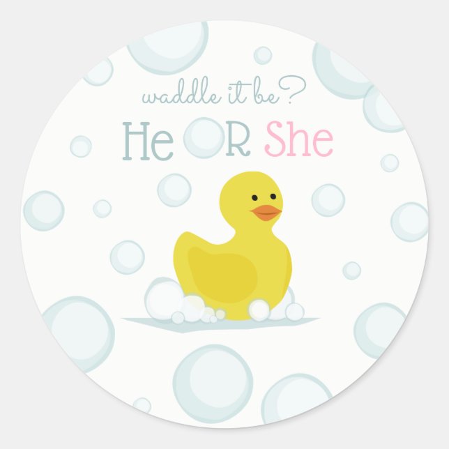 Sticker Rond Rubber Duck Waddle It Be Baby Gender Reveal (Devant)