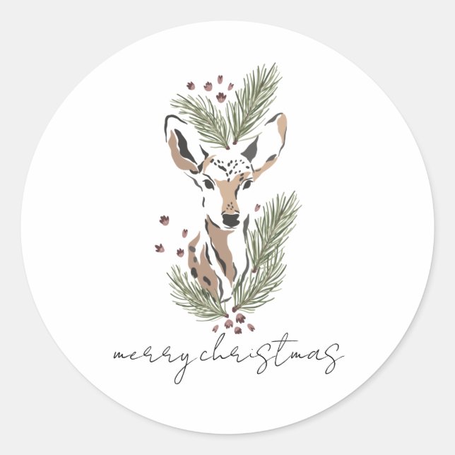 Sticker Rond Russe aquarelle Cerf Joyeux Noël (Devant)