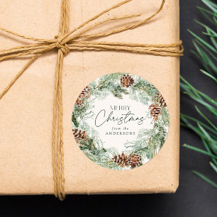 Sticker Rond Russe Aquarelle Pine Cône Wreath Joyeux Noël
