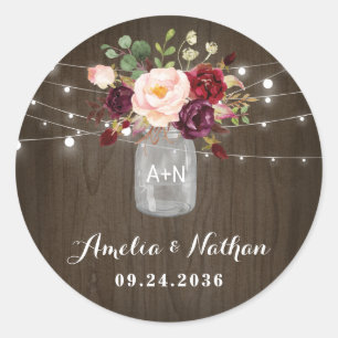 Sticker Rond Russe Bourgogne Blush Floral Mason Jar Mariage