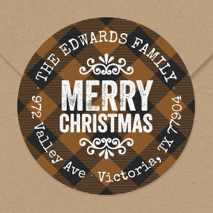 Sticker Rond Russe Brown Buffalo Check Holiday Adresse de retou