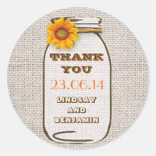 Sticker Rond Russe Burlap Mason Jar Mariage Tournesol