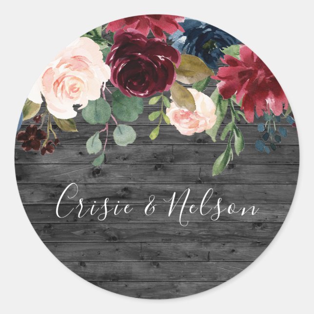 Sticker Rond Russe Charbon Bourgogne Floral Mariage Fiançailles (Devant)