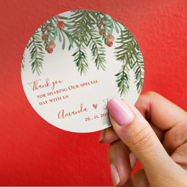 Sticker Rond Russe Feuilles verts Red Berries Mariage de Noël (Rustic Green Leaves Red Berries Christmas Wedding Classic Round Sticker)