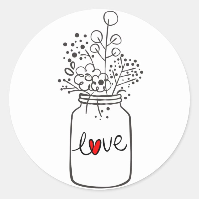 Sticker Rond Russe Floral Mason Jar Fleur Noir Blanc Mariage (Devant)