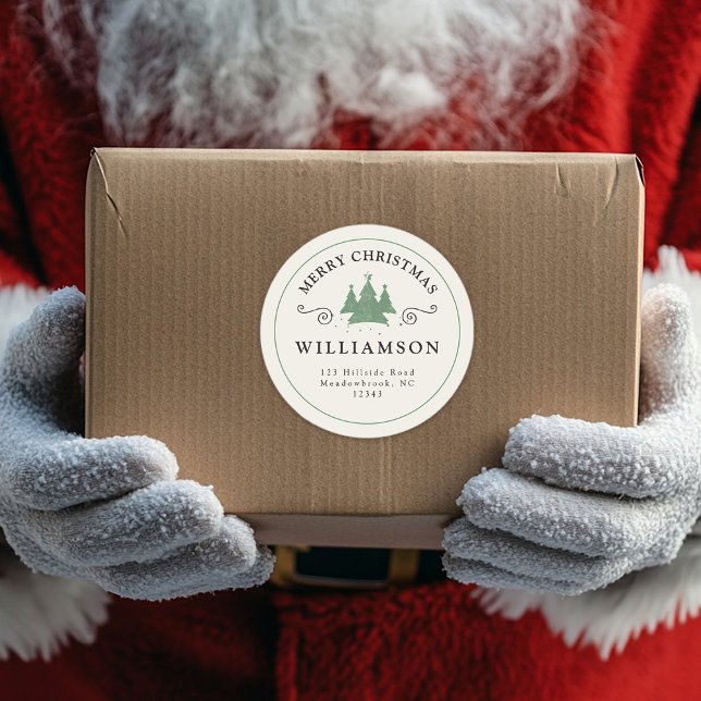 Sticker Rond Russe Joyeux Arbre de Noël Moderne Adresse de reto (Créateur téléchargé)