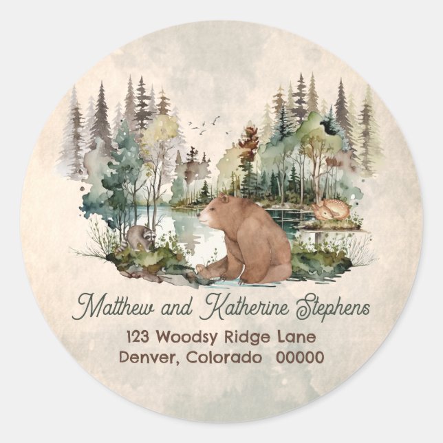 Sticker Rond Russe Woodland Forest Bear Adresse de retour (Devant)