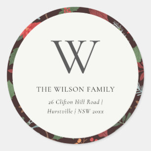 Sticker Rond Rust Brown Berry Noël Flora Monogramme Adresse