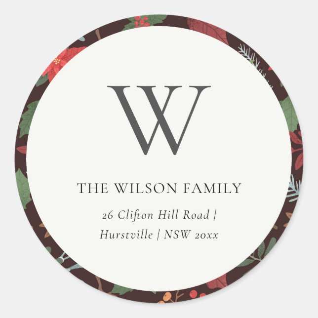 Sticker Rond Rust Brown Berry Noël Flora Monogramme Adresse (Devant)