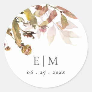 Sticker Rond Rust Orange Fall Tree Feuille Monogramme Mariage