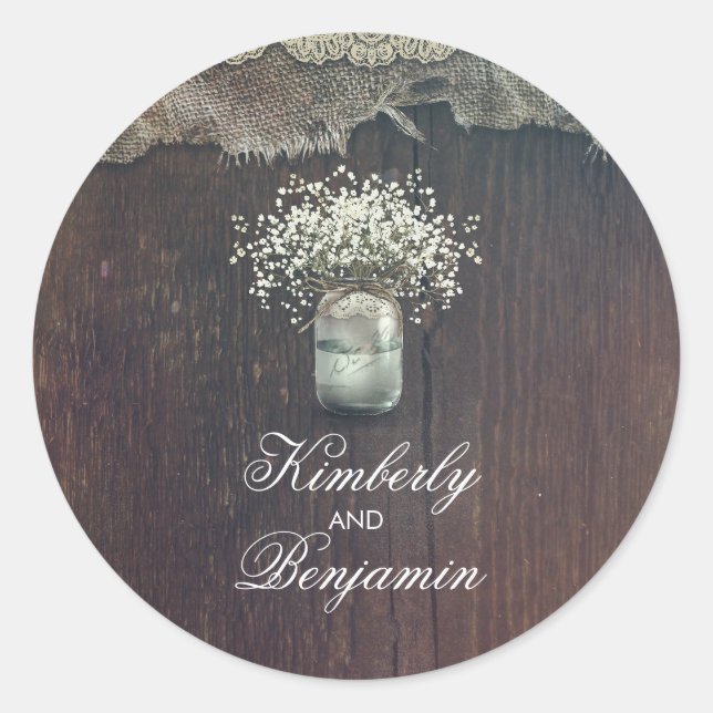 Sticker Rond Rustic Baby's Breath Mason Jar Barn Mariage (Devant)