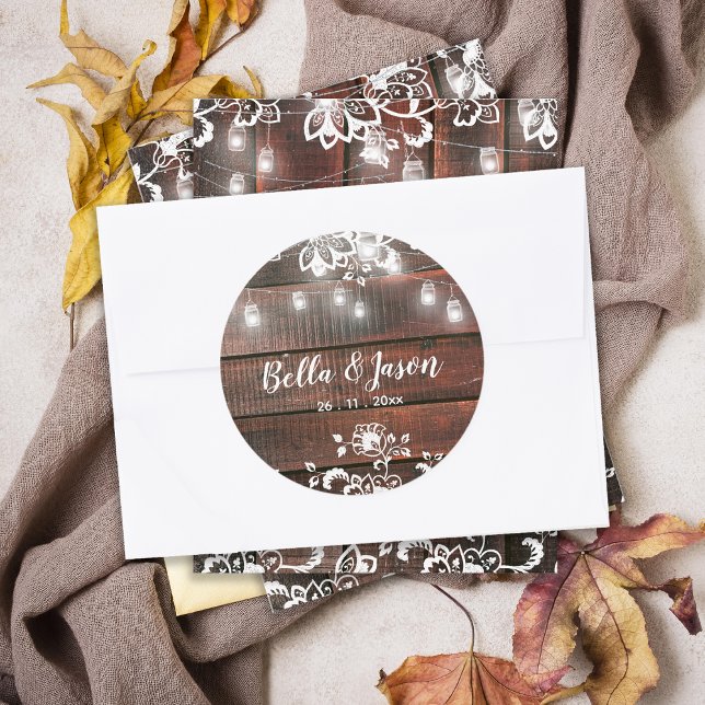 Sticker Rond Rustic Barn Wood Lace String Lights Wedding (Rustic Barn Wood String Lights Wedding Envelope Seal Sticker | Lace Rustic Wedding Sticker)