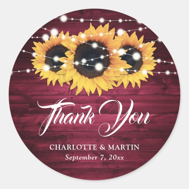 Sticker Rond Rustic Burgundy Sunflower Thank You Wedding Favor (Devant)