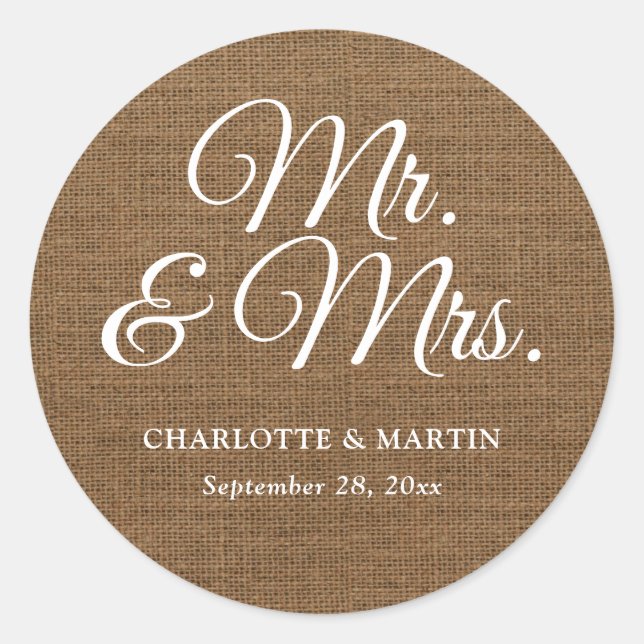 Sticker Rond Rustic Burlap M. et Mme la Mariage (Devant)