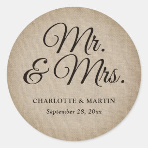 Sticker Rond Rustic Burlap M. et Mme la Mariage