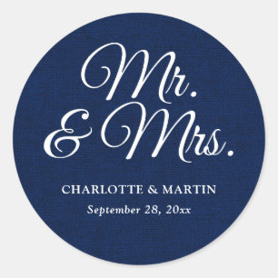 Sticker Rond Rustic Burlap Navy Blue M. et Mme la Mariage