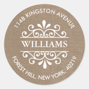Sticker Rond Rustic Burlap Ornate Swirls Adresse de retour pers