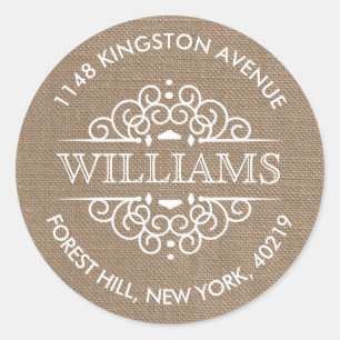 Sticker Rond Rustic Burlap Ornate Swirls Adresse de retour pers