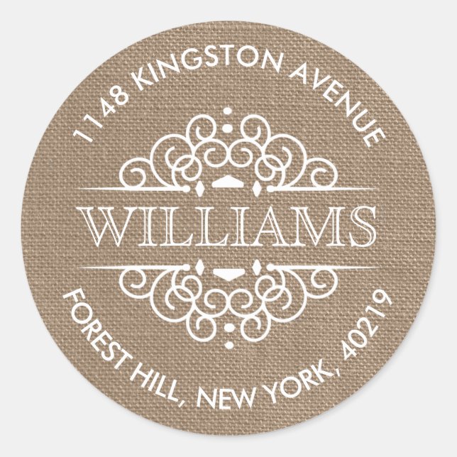 Sticker Rond Rustic Burlap Ornate Swirls Adresse de retour pers (Devant)