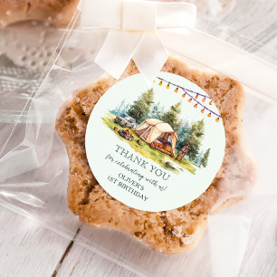 Sticker Rond Rustic Camping fête d'anniversaire