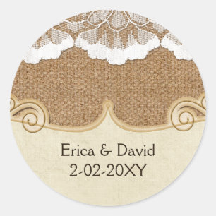 Sticker Rond Rustic Chic burlap et dentelle mariage campagnard