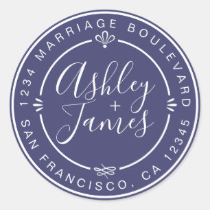 Sticker Rond Rustic Chic Mariage Adresse de retour Marine Blue
