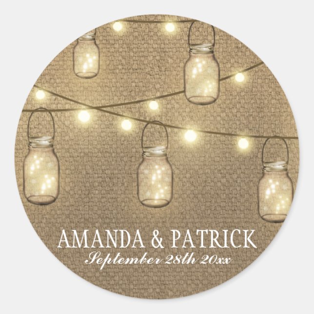 Sticker Rond Rustic Country Burlap Mason Jar Mariage Faveurs (Devant)