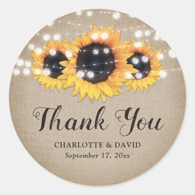Sticker Rond Rustic Country Burlap Sunflower Mariage Faveur (Devant)