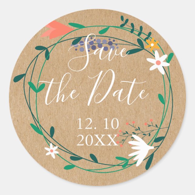 Sticker Rond Rustic Country Floral Garland Enregistrer la date (Devant)