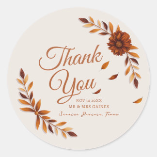 Sticker Rond Rustic Fall Leaves Beige Wedding Thank You