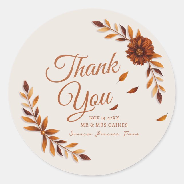 Sticker Rond Rustic Fall Leaves Beige Wedding Thank You (Devant)