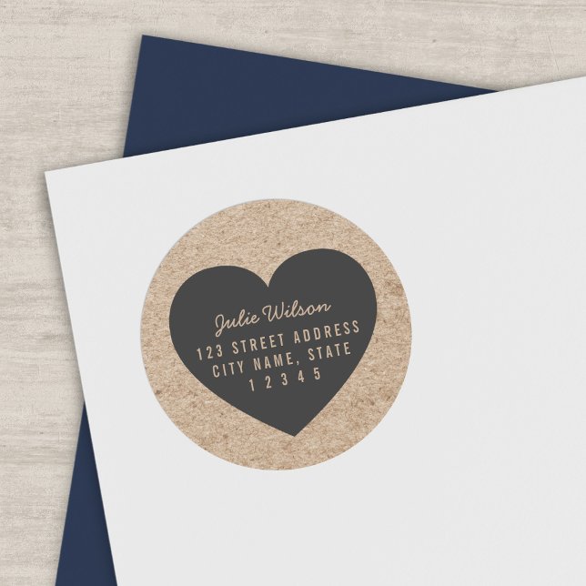 Sticker Rond Rustic Faux Kraft et Grey Heart Adresse de retour (Créateur téléchargé)