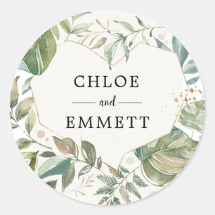 Sticker Rond Rustic Green White Gold Botanical Heart Mariage