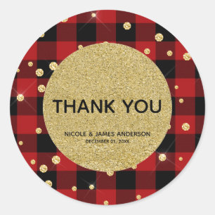 Sticker Rond Rustic Holiday Red Buffalo Plaid Gold Parties scin