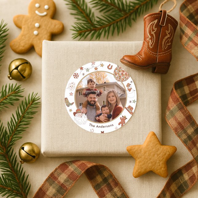 Sticker Rond Rustic Howdy Western Photo de famille Noël (Créateur téléchargé)