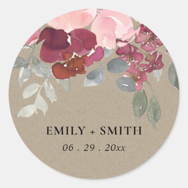 STICKER ROND RUSTIC KRAFT BLUSH BURGUNDY ROSE FLORAL MARIAGE (Devant)