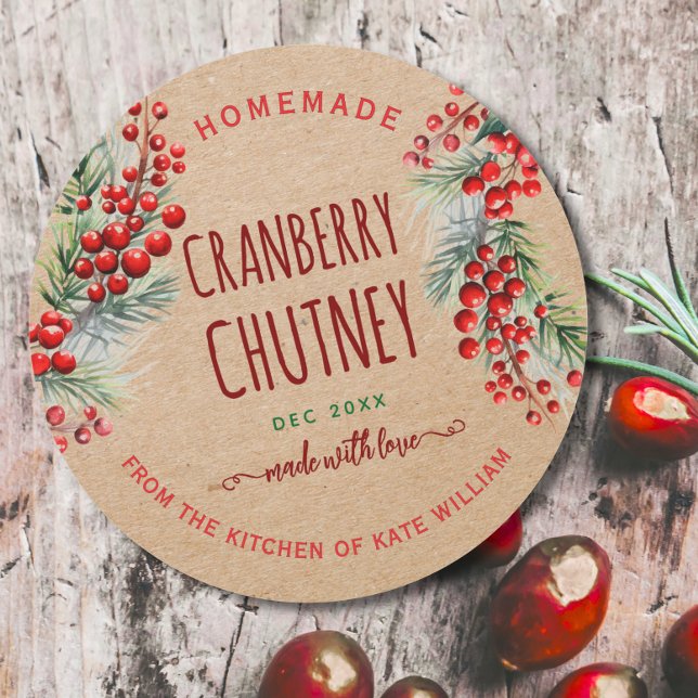 Sticker Rond Rustic Kraft Christmas Cranberry Chutney Labels (Créateur téléchargé)