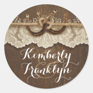 Sticker Rond Rustic Lace Horseshoe Pays Mariage Brown