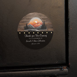 Sticker Rond Rustic Mountain Valley Forest Sunset Wedding Favor