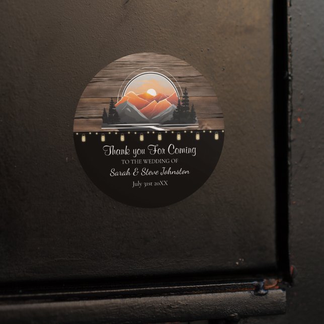 Sticker Rond Rustic Mountain Valley Forest Sunset Wedding Favor (Rustic Mountain Wedding Favor Sticker)