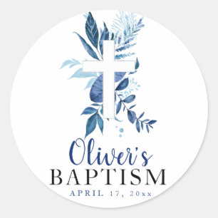 Sticker Rond Rustic Navy Blue Green Cross Boy Baptism