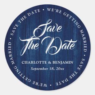 Sticker Rond Rustic Navy Blue Typographie Mariage Enregistrer L