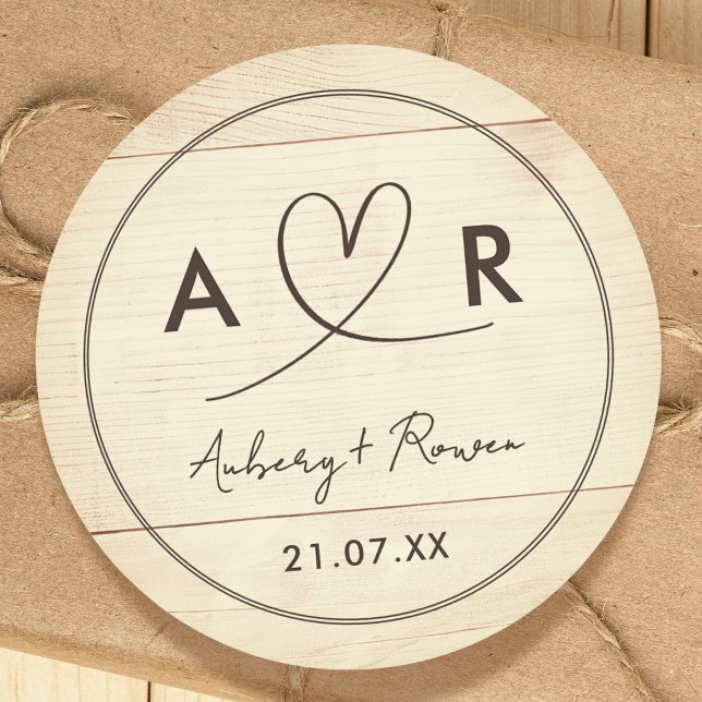 Sticker Rond Rustic Neutral Boho Wood Look Cute Script Heart (Créateur téléchargé)