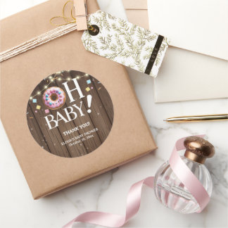 Sticker Rond Rustic Oh Baby Donut & Sprinkle Baby shower Kawaii