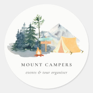 Sticker Rond Rustic Pine Woods Watercolor Camping Mountain Camp