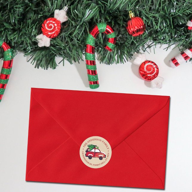 Sticker Rond Rustic Red Car Festive Noël Adresse de retour (Créateur téléchargé)