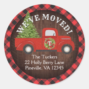 Sticker Rond Rustic Red Christmas Truck Plaid Adresse de déplac