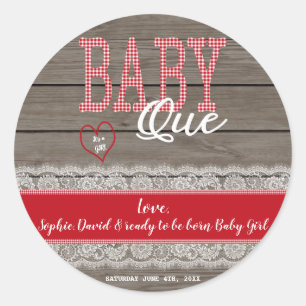 Sticker Rond Rustic Red En vichy Wood Girl Baby shower BBQ