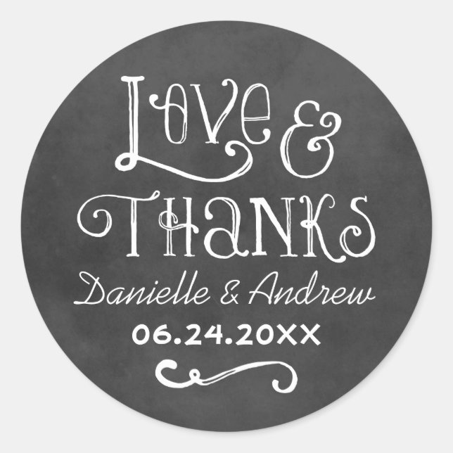 Sticker Rond Rustic Script Love et Merci Chalkboard Mariage (Devant)