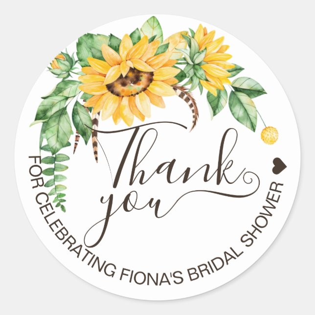 Sticker Rond Rustic Sunflower Script Merci Bridal Shower (Devant)